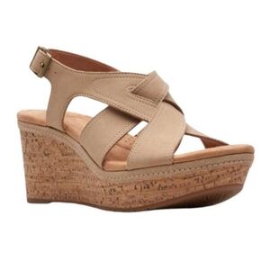Clarks Elleri Rae Wedge Sandals Nubuck Leather Cork Heel Size 10 M Platform